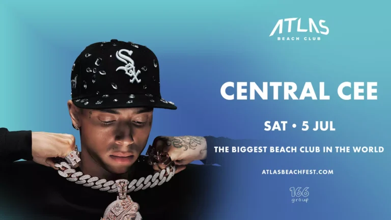 Promotional poster for a Central Cee performance at Atlas Beach Club. The rapper is pictured wearing a black cap with the White Sox logo and diamond decorations, looking down while holding a large chain necklace. Event details on the right read: "Central Cee, Sat • 5 Jul, The Biggest Beach Club in the World," with the website "atlasbeachfest.com" and the "166 Group" logo below. The background features a gradient from turquoise to blue.